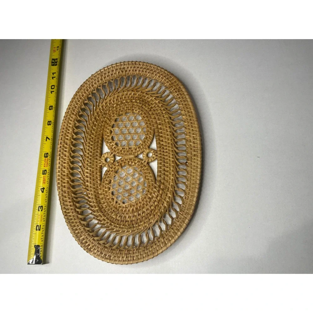 Vintage Handwoven Rattan Oval Tray Wicker Decorative Basket Honey Brown 12.5in